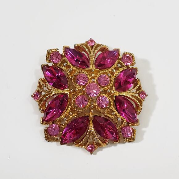 Vintage M Jent Pink Rhinestone Gold Tone Brooch Pin - Picture 3 of 5
